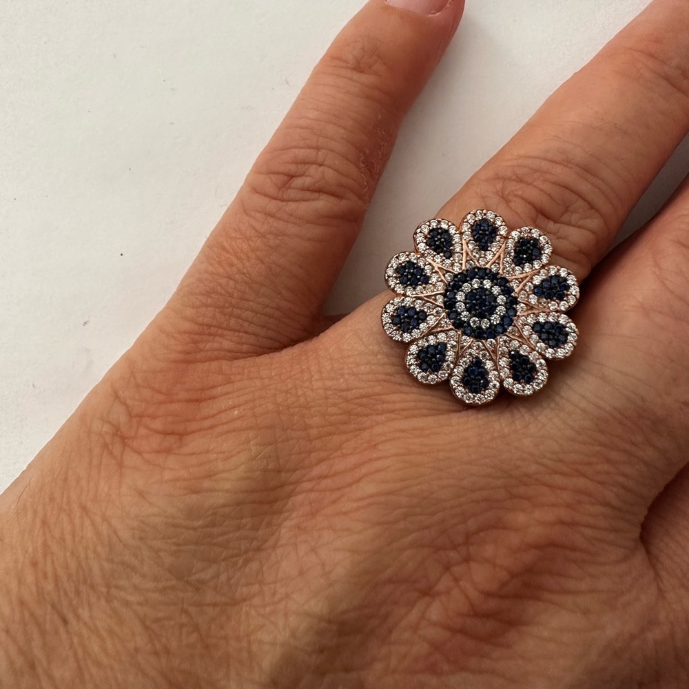 🌸925 Silver ring sapphire flower 14k rose gold plated clear / blue cz stones